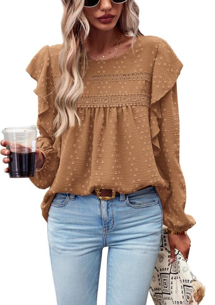 PRETTYGARDEN Women's Long Sleeve Blouses Ruffle Swiss Dot Crochet Loose Fit 2024 Fall Tunic Dressy Casual Tops