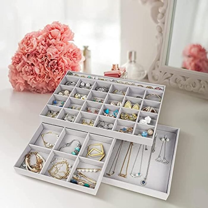 ProCase 3 Stackable Jewelry Trays Organizer Set for Drawers, Jewellery Drawer Insert Divider Jewel Display Storage with Removable Dividers for Earring Necklace Bracelet -Grey - Image 2