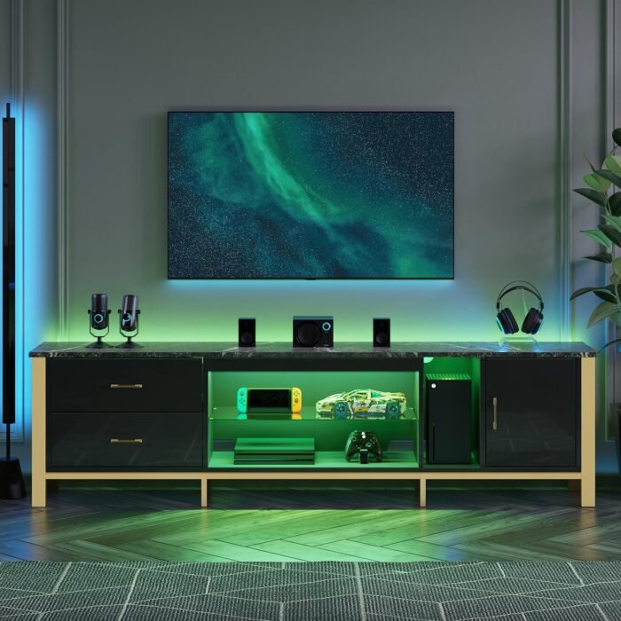 Bestier TV Stand for 75/80/85/90 Inch TV, LED Gaming Entertainment Center, Modern TV Cabinet with Glass Shelves for Living Room, 2 Storage Drawers & Cabinets for Bedroom, Black Glossy - Image 7