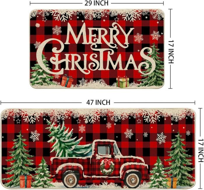 Christmas Kitchen Mats for Floor, Christmas Kitchen Rugs Set of 2 - Farmhouse Truck Red Buffalo Plaid Christmas Kitchen Decor - Christmas Decorations for Bathroom,Home,Indoor 17"x27+17"x47" - Image 3