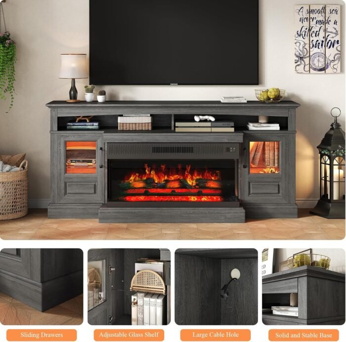 Farmhouse Fireplace TV Stand for TVs Up to 80 inch, 70" Entertainment Center with 36 inch 3-Sided Electric Fireplace for Living Room, 20 Flame Colors, Open Storage and 2 Cabinets (Dark Gray) - Image 4