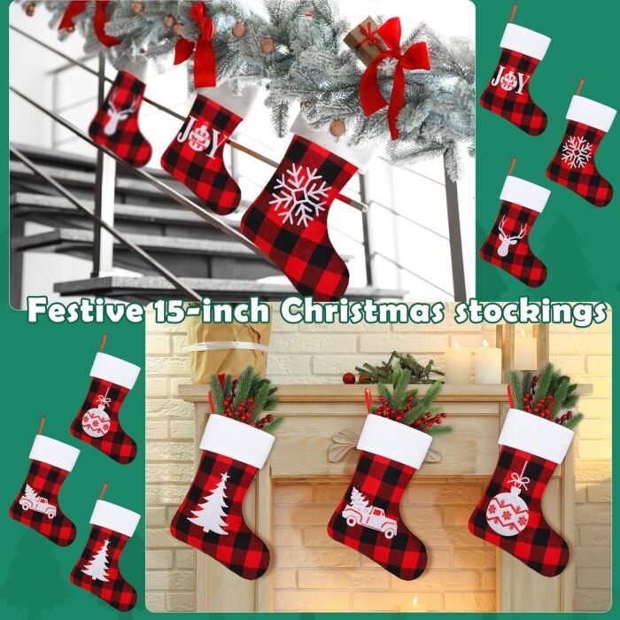 Aodaer 12 Pack Christmas Stockings 15 Inch Felt Red Black Buffalo Plaid Christmas Stockings with Reindeer Snowflake Pattern Xmas Hanging Stockings for Xmas Tree Fireplace Gift Holding Party Decoration - Image 7