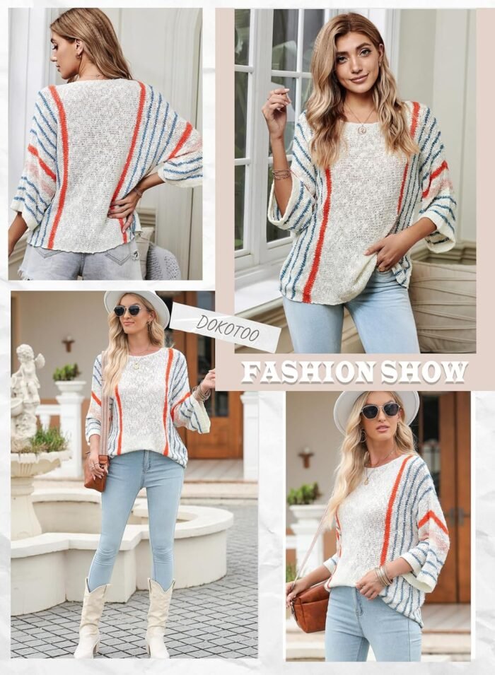 Dokotoo Womens 2024 Fall Casual Color Block Striped Lightweight Comfy Cable Knit Trendy Boho Clothes Pullover Sweaters - Image 5
