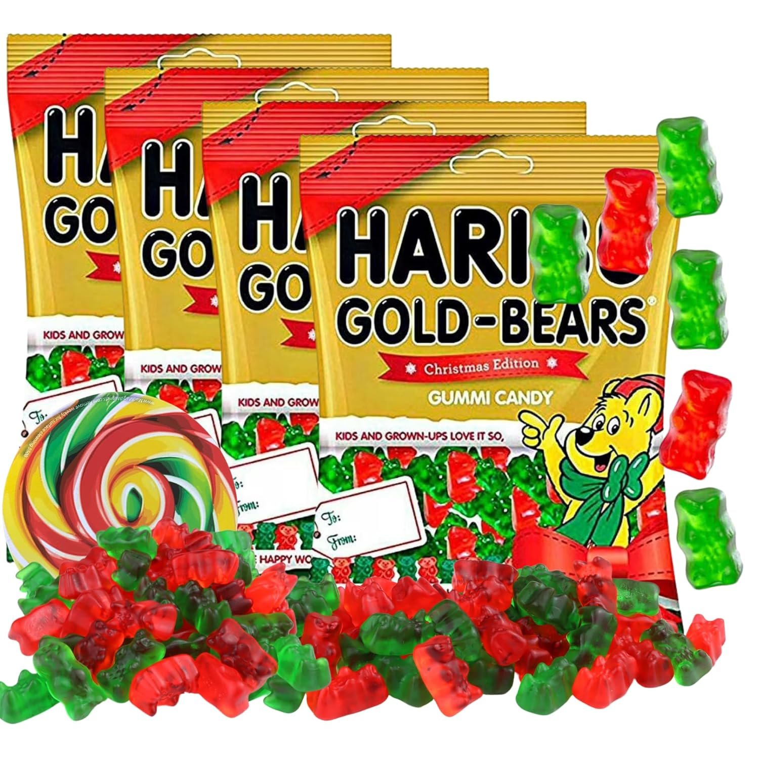 Needzo 2024 Gummy Bears, Fruit Flavored Red White and Green Chewy Candies, Christmas Themed Gummies Stocking Stuffers for Men, Women, and Teens, 4 Ounces Each - (4 Pack)