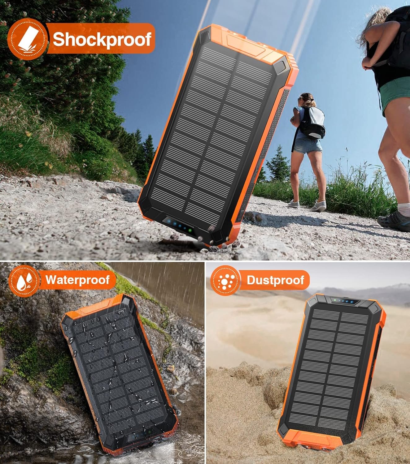 GOODaaa Power Bank Wireless Charger 36000mAh Built in 4 Cables Six Outputs 15W Fast Charging Power Bank for All Mobile Devices Three Inputs Solar Portable Charger with Dual Flashlights, Carabiner - Image 7
