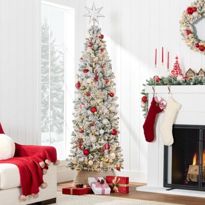 Best Choice Products Flocked Pencil Christmas Tree, Pre-Lit Slim Artificial Holiday Decoration, 6ft Lighted Skinny w/Base, Warm White Lights - Image 2