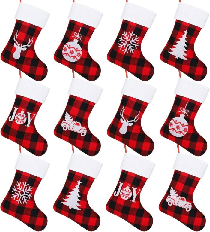 Aodaer 12 Pack Christmas Stockings 15 Inch Felt Red Black Buffalo Plaid Christmas Stockings with Reindeer Snowflake Pattern Xmas Hanging Stockings for Xmas Tree Fireplace Gift Holding Party Decoration