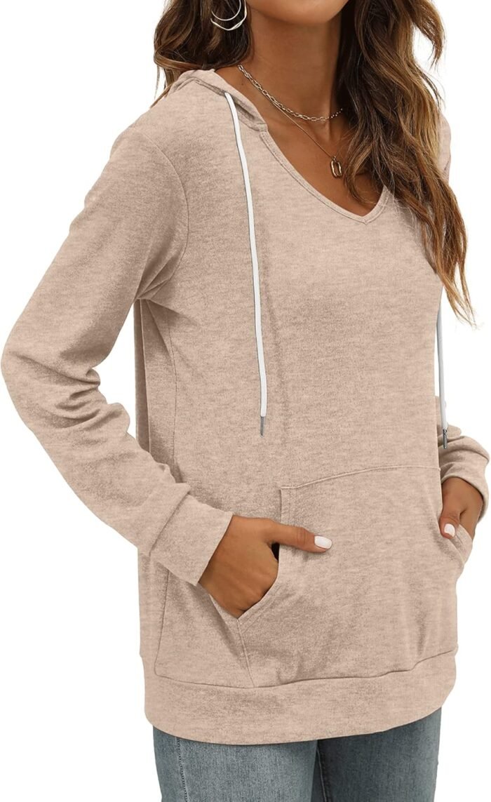 Saloogoe Kangaroo Pocket Hoodies for Womens V Neck Lightweight Sweatshirts Long Sleeve Tops - Image 3