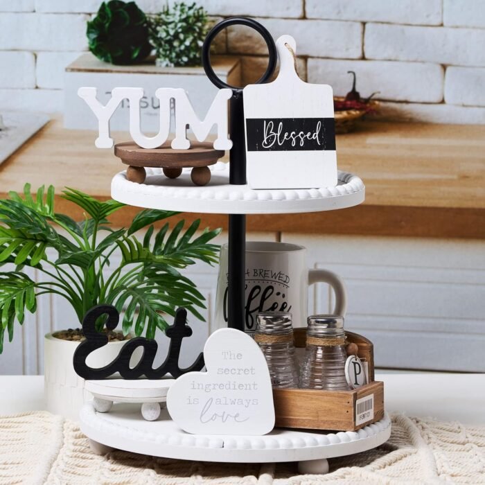 GENMOUS Farmhouse Kitchen Tiered Tray Decor Items Mini Set, Rustic Black and White Kitchen Counter Decor, Two Tiered Tray Kitchen Decor Set for Home Kitchen Dining Room Table Decoration - Image 6