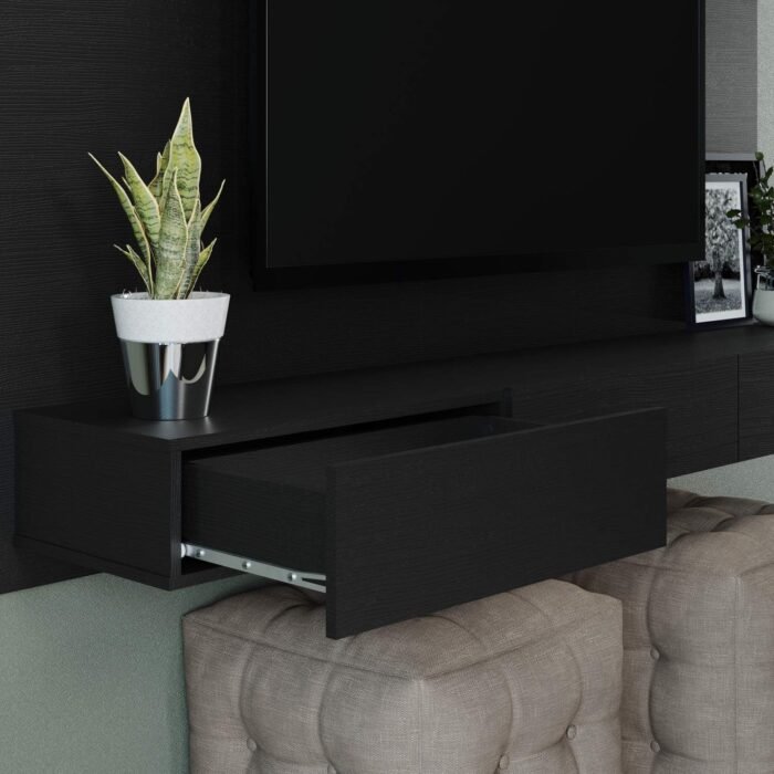 Modern Freestanding Floating Entertainment Center, Floating TV Stand Wall Mounted, Floating TV Wall Panel for 75 inch TVs, Home Theater with LED Strip, Pull-Out Drawers and Overhead Shelf – Black - Image 7
