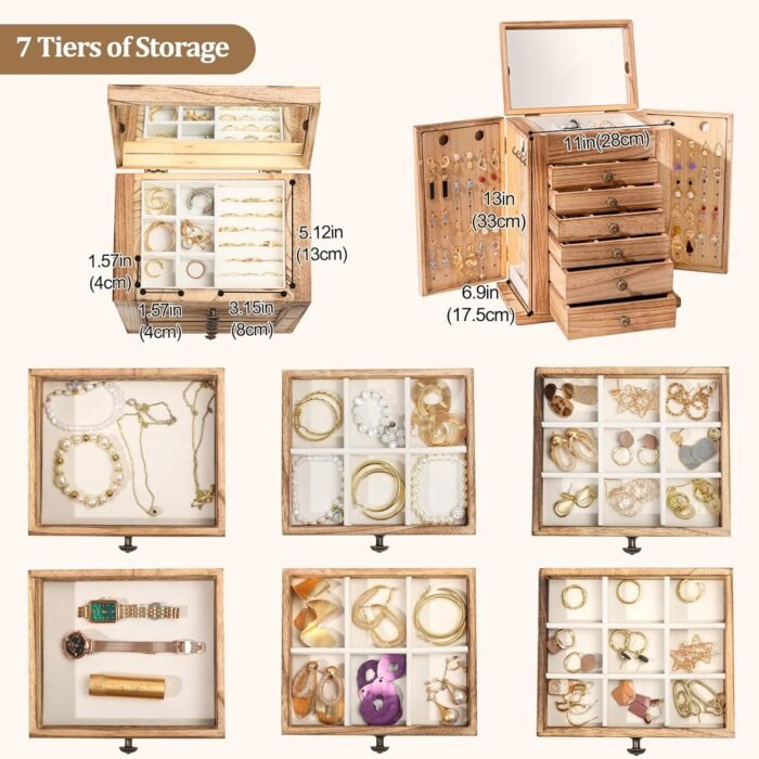 ProCase Large Jewelry Box, 7-Layer Wooden Jewelry Boxes for Women, Jewellery Holder Organizer Storage Case with Mirror for Earrings Bracelet Necklace for Dresser -Natural - Image 5
