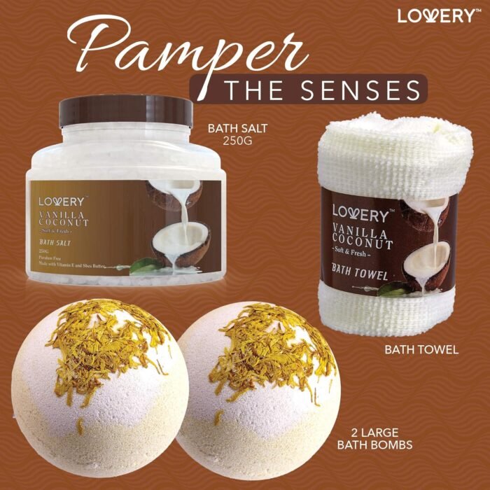 Bath and Body Gift Basket For Women and Men – 9 Piece Set of Vanilla Coconut Home Spa Set, Includes Fragrant Lotions, Extra Large Bath Bombs, Coconut Oil, Luxurious Bath Towel & More - Image 3