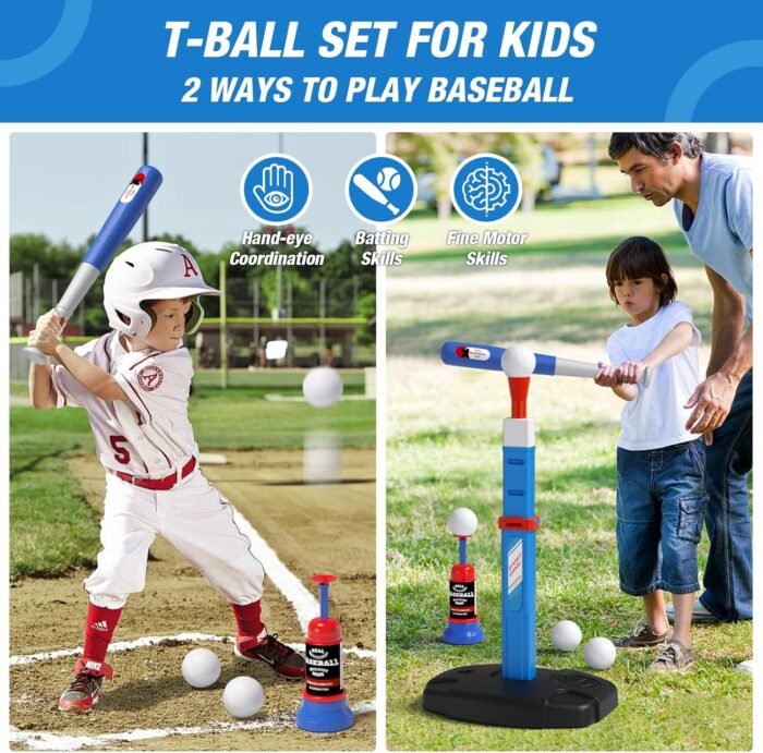2 in 1 Kids Basketball Hoop and T Ball Set - Adjustable Height, Kids Baseball Tee with Automatic Pitching Machine, Indoor Outdoor Sport Toys Gifts for Toddler Boys Girls Age 1-5, Blue - Image 4