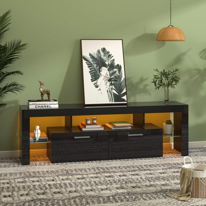 Clikuutory Modern LED 63 inch Long TV Stand with Large Storage Drawer for 50 55 60 65 70 75 Inch TVs, Black Wood TV Console with High Glossy Entertainment Center for Living Room, Bedroom, Black - Image 7