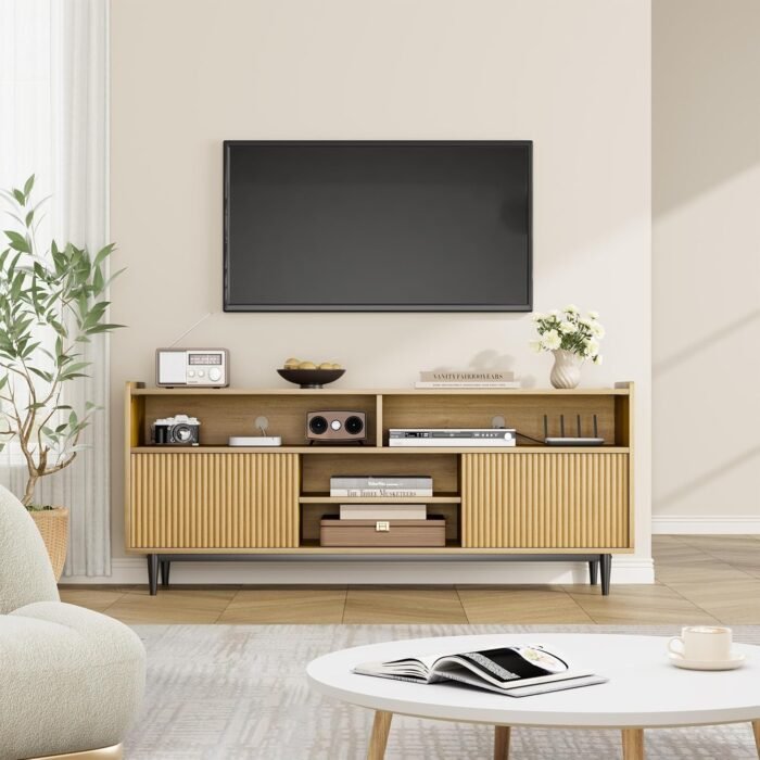 Fluted TV Stand for 70 Inch, Boho Entertainment Center with Storage and Sliding Doors, Wooden TV Cabinet with Adjustable Shelves, Under TV Stand for Living Room Bedroom, Natural Oak - Image 2