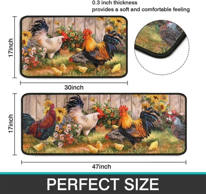 Rooster Kitchen Rugs 2 Piece Set Sunflower Decor Kitchen Floor Mat, Microfiber Washable Runner Rugs, Farmhouse Chicken Decorations Kitchen Mats,17"x47"+17"x30" - Image 3