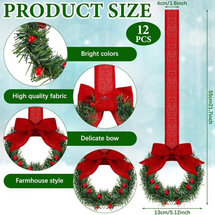 12 Pcs Christmas Kitchen Cabinet Wreaths with Ribbon 3.94 Inch Mini Christmas Wreath Small Kitchen Wreath Greenery Wreath for Window Door(Red,Classic Style) - Image 2