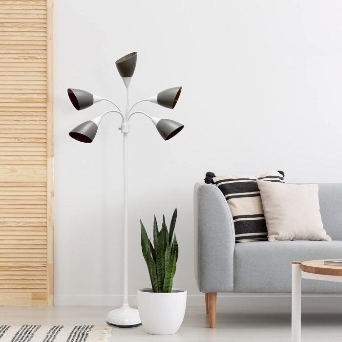 Simple Designs LF2006-GOW 67" Contemporary Multi Head Medusa 5 Light Adjustable Gooseneck White Floor Lamp with Gray Shades for Kids Bedroom Playroom Living Room Office - Image 6