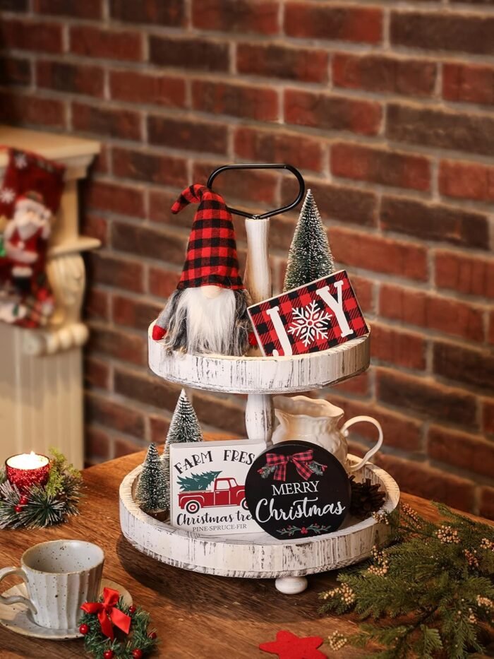 Christmas Tiered Tray Décor Set of 7, Merry Christmas Farm Fresh Truck, Joy Wood Sign Buffalo Plaid Gnome Plush and Christmas Trees, Farmhouse Table Home Party Shelf Fireplace Mantel Decor - Image 3