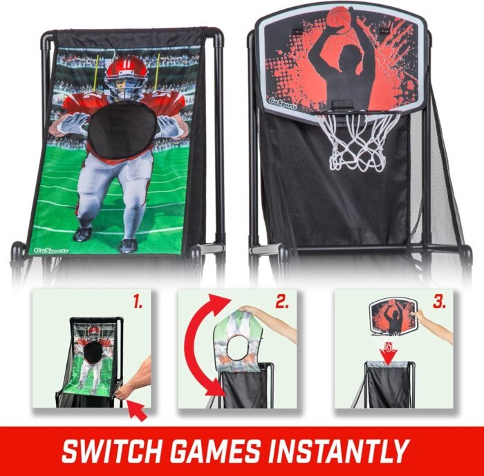 GoSports 2 in 1 Basketball Hoop & Football Toss Target Arcade Game - Indoor & Outdoor Toy Hoop for Kids Ages 3-6 - Includes 2 Basketballs, 2 Footballs, and Pump - Image 4