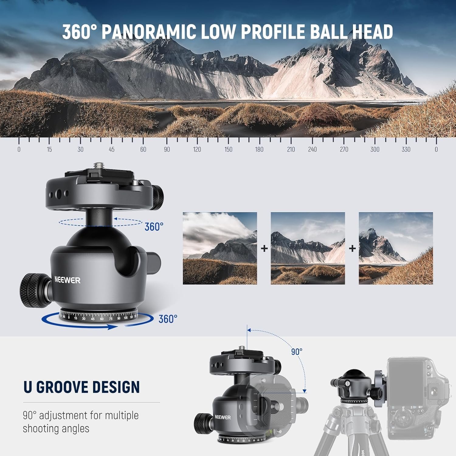 NEEWER GM41 Low Profile Tripod Ball Head, 40mm Metal Panoramic Camera Mount Adapter with 1/4" Arca Type QR Plate Compatible with Peak Design Capture Camera Clip, 360° Swivel & 90° Tilt, Max Load 22lb - Image 3