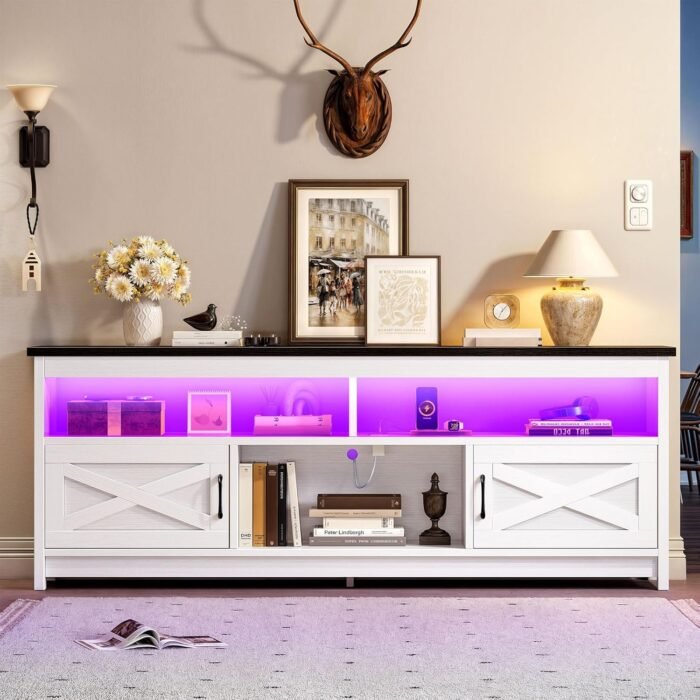YITAHOME Farmhouse TV Stand for 75 65 Inch TV w/Power Outlets, LED Media Console with Storage Cabinets, Rustic Entertainment Center Table TV Cabinet for Living Room, 65'' Large TV Stand, Black/White - Image 8