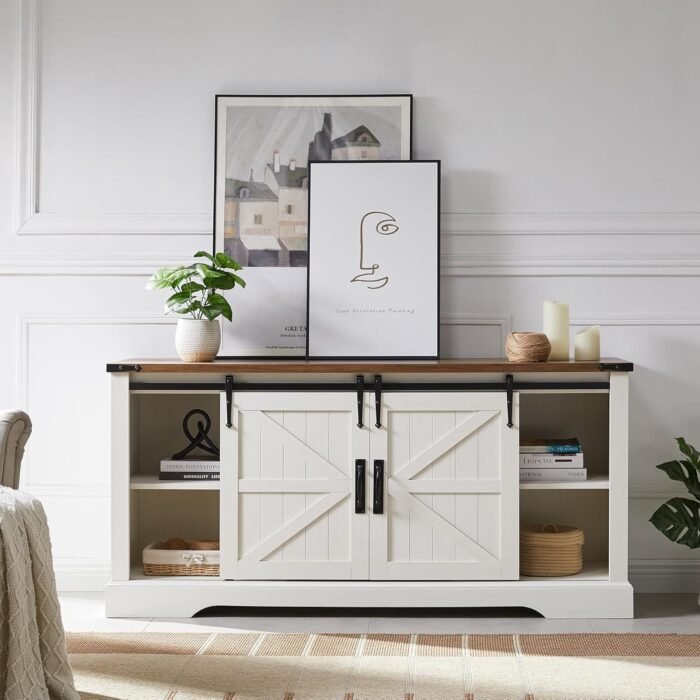 OKD Farmhouse Electric TV Stand for 65+ Inch TV, Rustic Entertainment Center with 18" Fireplace, Sliding Barn Door, Storage Shelves, Wood Media Console Cabinet for Living Room, Antique White - Image 5