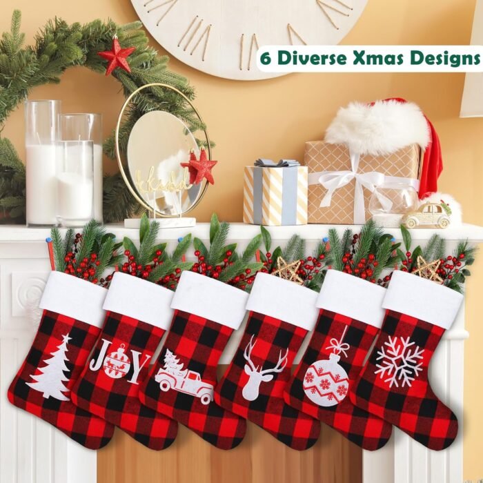 Aodaer 12 Pack Christmas Stockings 15 Inch Felt Red Black Buffalo Plaid Christmas Stockings with Reindeer Snowflake Pattern Xmas Hanging Stockings for Xmas Tree Fireplace Gift Holding Party Decoration - Image 3
