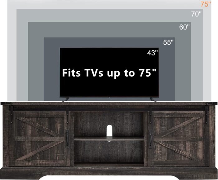 OKD Farmhouse TV Stand for 75 Inch TV with Sliding Barn Door, Rustic Wood Entertainment Center Large Media Console Cabinet Long Television Stands for 70 Inch TVs, Dark Rustic Oak - Image 4