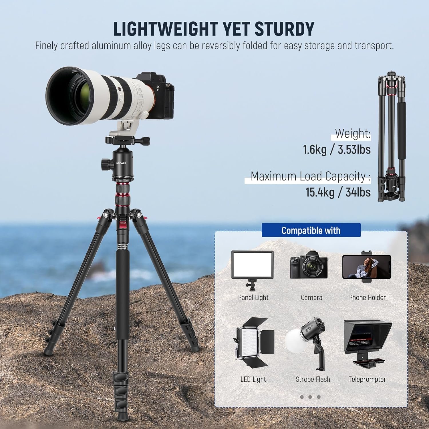 NEEWER 77 inch Camera Tripod Monopod for DSLR, Phone with 360° Panoramic Ball Head, 2 Axis Center Column, Arca Type QR Plate, Compact Aluminum Lightweight Travel Tripod 34lb Max Load, Bag Included - Image 2