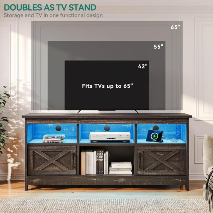 YITAHOME Farmhouse TV Stand with Power Outlet, Entertainment Center, LED Light Media Console, Simple TV Cabinet for Living Room or Bedroom, Dark Rustic Oak 59 Inch - Image 7