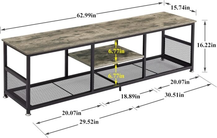 VECELO Industrial TV Stand for Televisions up to 70 Inch, 62" Entertainment Center with Open Storage Shelves for Living Room/Bedroom, 3 Tiers Media Console Table with Metal Frame, Grey, 62 Inches - Image 8