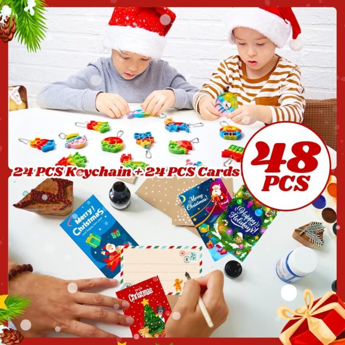 48 PCS Christmas Party Favors Pop Fidget Toys Bulk: Christmas Stocking Stuffers Goodie Bag Stuffers - Prizes for Kids Classroom Gifts from Teacher - Girls Boys (24pcs Keychain + 24pcs Cards) - Image 2
