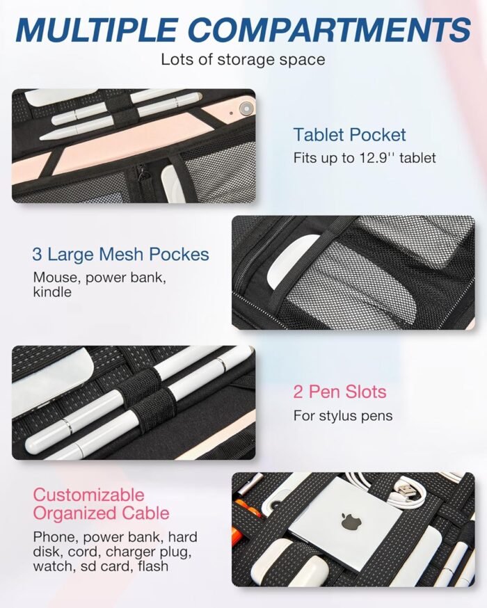 BAGSMART Electronics Organizer,Travel Cable Organizer Storage Bag,Water Resistant Peak Design Tech Pouch for Men 12.9'' Tablet, Electronic Accessories Case for Charging Cable,Power Bank,Earphone, Grey - Image 3