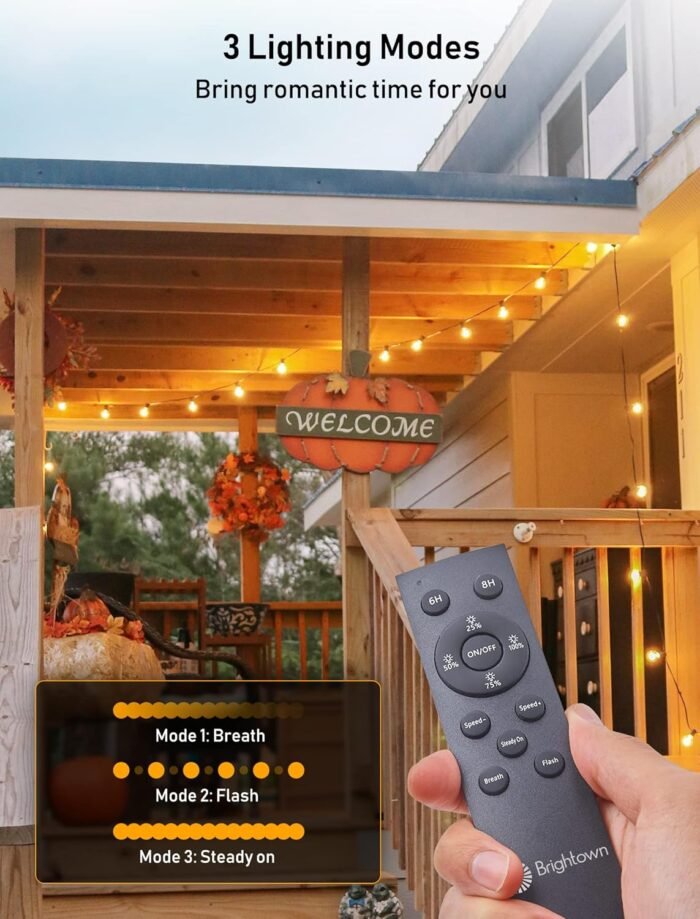 Brightown 58FT Solar String Lights Outdoor with Remote Cable Ties and Hooks, Commercial Grade Patio Lights with 26 LED Shatterproof Bulbs, 3 Light Modes Hanging Light for Backyard Party Decor - Image 4