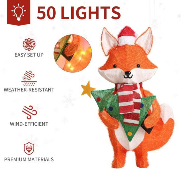 GENIMO Standing Fox Outdoor Christmas Decorations, 28.5 Inch Plush Pre-Lit Family Holiday Decor with 50 Lights, Fix with Stakes, Light for Indoor Outside Yard Porch Lawn Garden Patio - Image 6