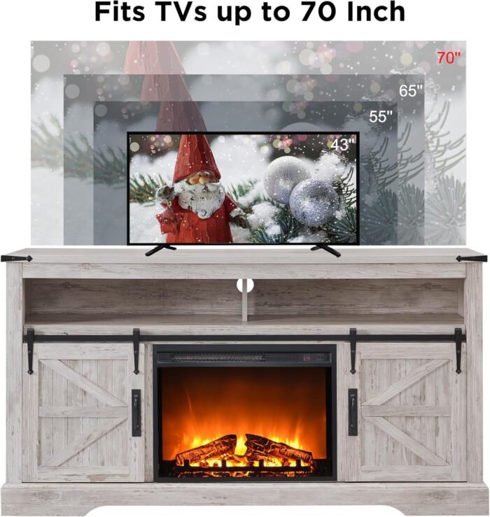 OKD Fireplace TV Stand for 65+ Inch TV, 33" Tall Highboy Farmhouse Entertainment Center w/ 23'' Electric Fireplace, Rustic Media Console w/Sliding Barn Door for Living Room, Antique Brush White - Image 7