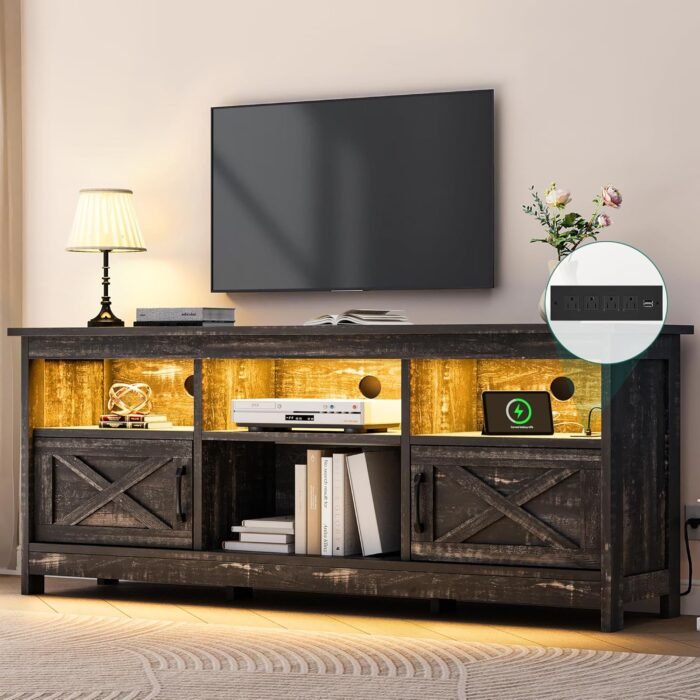 YITAHOME Farmhouse TV Stand with Power Outlet, Entertainment Center, LED Light Media Console, Simple TV Cabinet for Living Room or Bedroom, Dark Rustic Oak 59 Inch - Image 3
