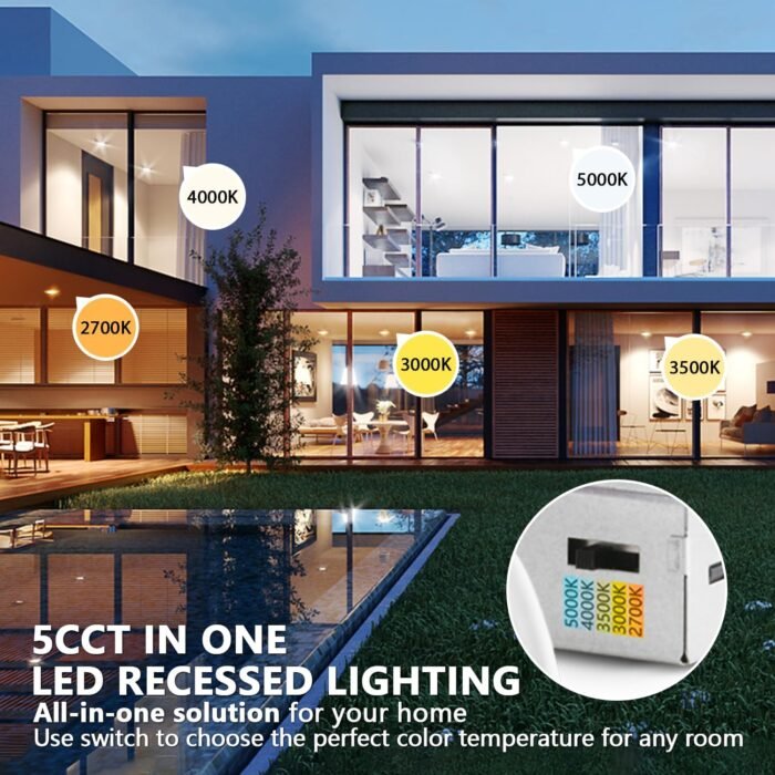 LVWIT 6 Pack 4 Inch LED Recessed Lighting with Junction Box, 5CCT Dimmable LED Downlight,9W Ultra-Thin Modern Led Ceiling Light, 2700/3000/3500/4000/5000K Selectable Led Can Lights,Smooth Trim - Image 2