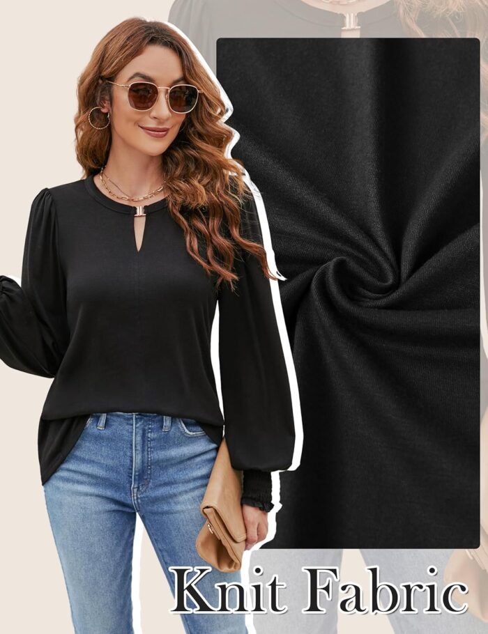 Blooming Jelly Womens Long Sleeve Dressy Casual Top V Neck Puff Sleeve Shirt Keyhole Blouse 2024 - Image 2