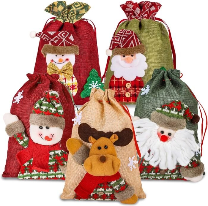 Whaline Drawstring Christmas Doll Bags, 3D Xmas Gift Bags, Christmas Wrapping Bags, Xmas Goodie Bags, Snowman Red Treat Pouch Bags, Sack Stockings, Party Favor Bags, 8 x 11in, 8 x 12in (5 Pack)