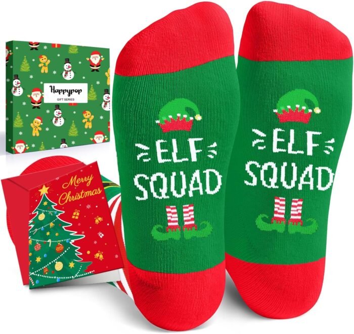 HAPPYPOP Christmas Gifts Stocking Socks for Women - Secret Santa Socks Black Elf Socks for Teens, Xmas Stocking with Greeting Card for Mom Dad