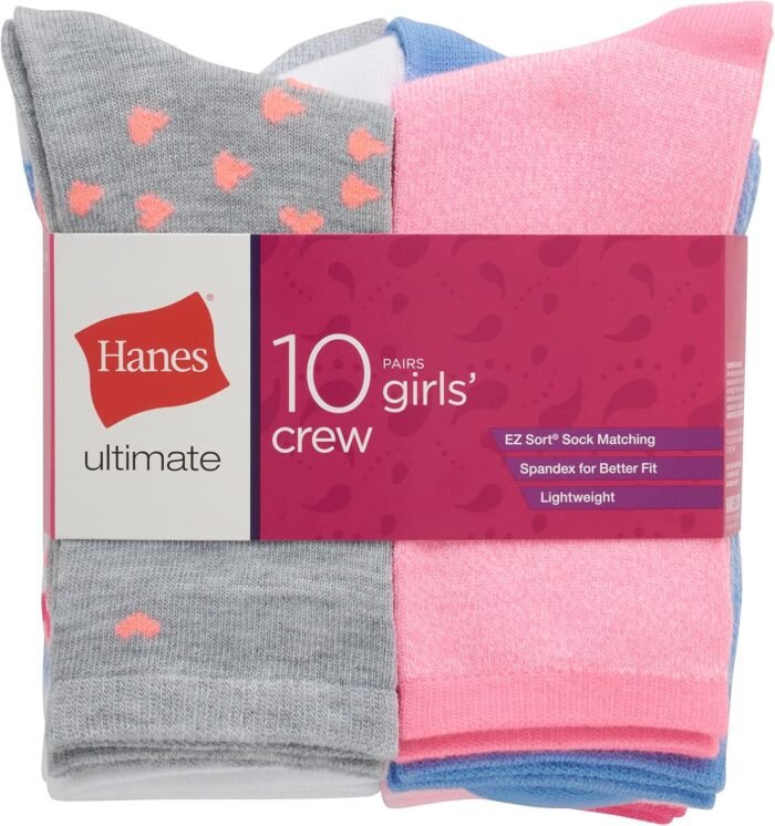 Hanes Girls' Ultimate Fashion Crew Socks Pack, Lightweight Stretch Crew Socks, Assorted 10-Pair Pack, Small - Image 4