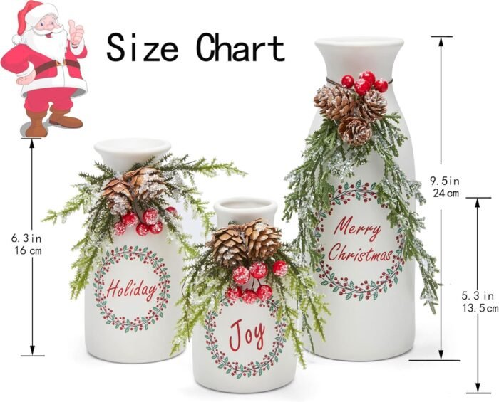 Artificial Christmas 3-Piece Set Flocked with Mixed Xmas Decorations Ceramic White Bottles - Image 4