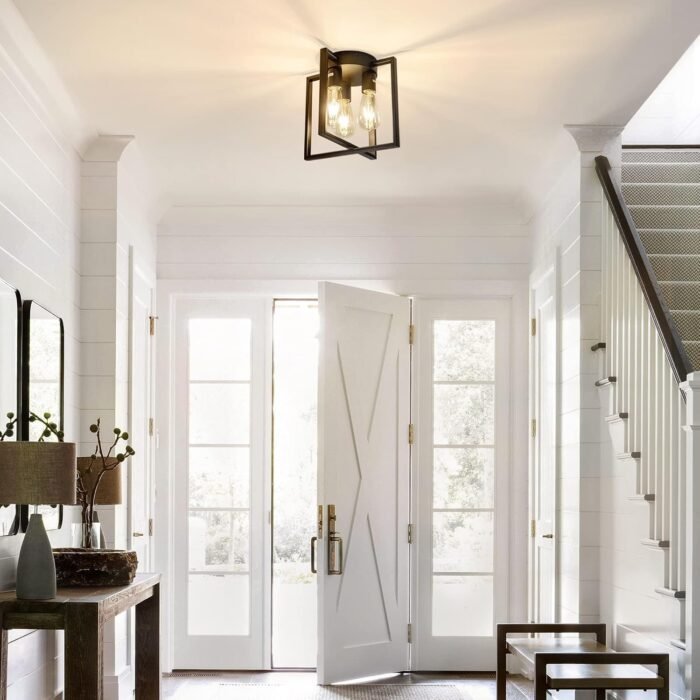 3-Light Ceiling Light Fixture, Semi-Flush Mount Light with Contemporary Geometric Metal Cage, Farmhouse Industrial Lighting for Kitchen Living Room Bedroom Hallway Foyer, E26 Black - Image 8