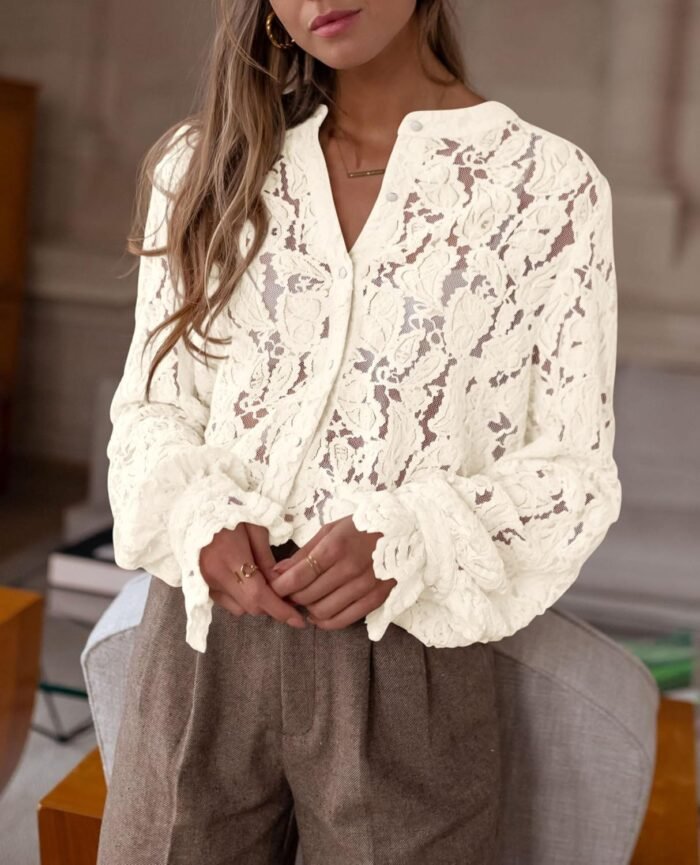 PRETTYGARDEN Women's Dressy Casual Lace Blouse Long Sleeve Button Up Shirts Tops Fall Fashion Clothes - Image 8