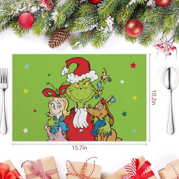 DAZONGE Set of 6 Christmas Table Placemats, Green Xmas Placemats for Dining Table Decor, Washable Table Mats for Christmas Holiday Home Kitchen Decor - Image 2