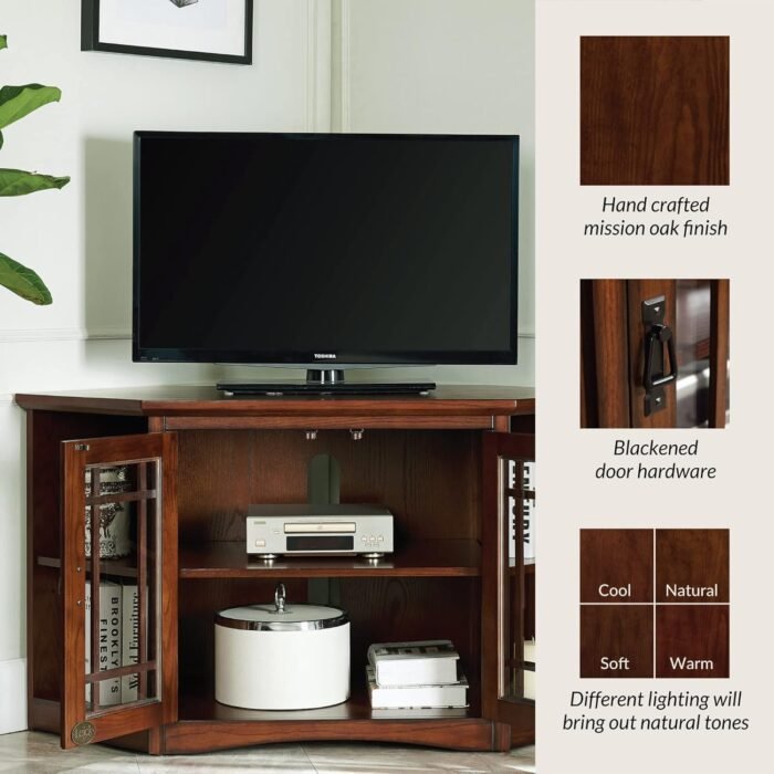Leick Home 82287 Solid Wood Mission Oak Two Door Corner TV Stand For 50" TVs Living Room Storage Shelves Entertainment Center, Mission Oak TV Console - Image 4