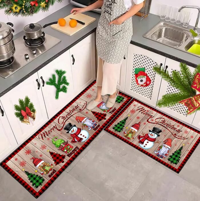 2 Pcs Christmas Kitchen Rugs and Mats, Merry Christmas and Happy New Year Kitchen Decor Non-Slip Floor Mat Sets, Gnome Snowman Washable Microfiber Kitchen Carpet 17x47+17x30 Inches - Image 3