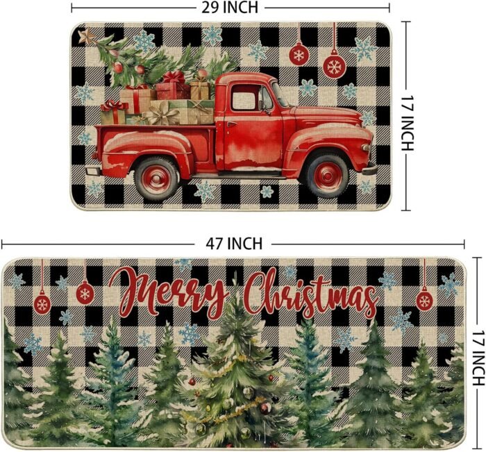 Christmas Kitchen Mats for Floor, Christmas Kitchen Rugs Set of 2 - Farmhouse Truck Black and White Buffalo Plaid Christmas Decor - Christmas Decorations for Home, Indoor 17"x27+17"x47" - Image 2